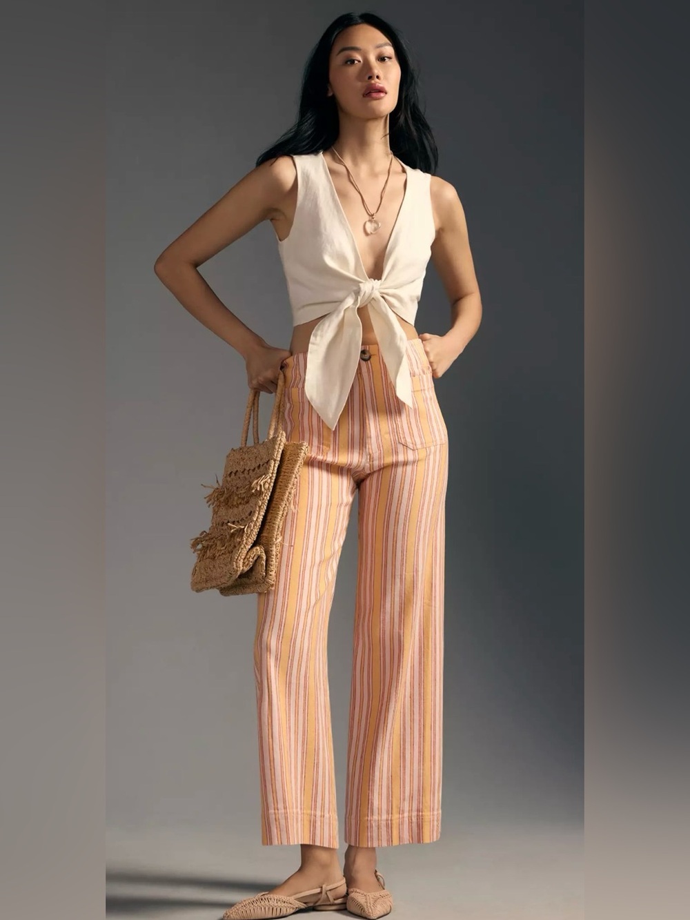 Anthropologie Colette Linen Pants Crop Wide Leg Orange Stripes Maeve Size 27